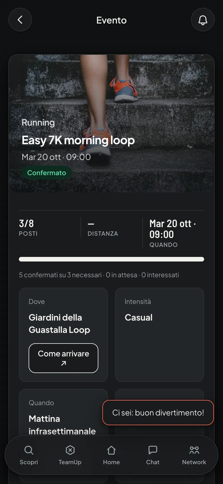 schermata adesione confermata, tema scuro