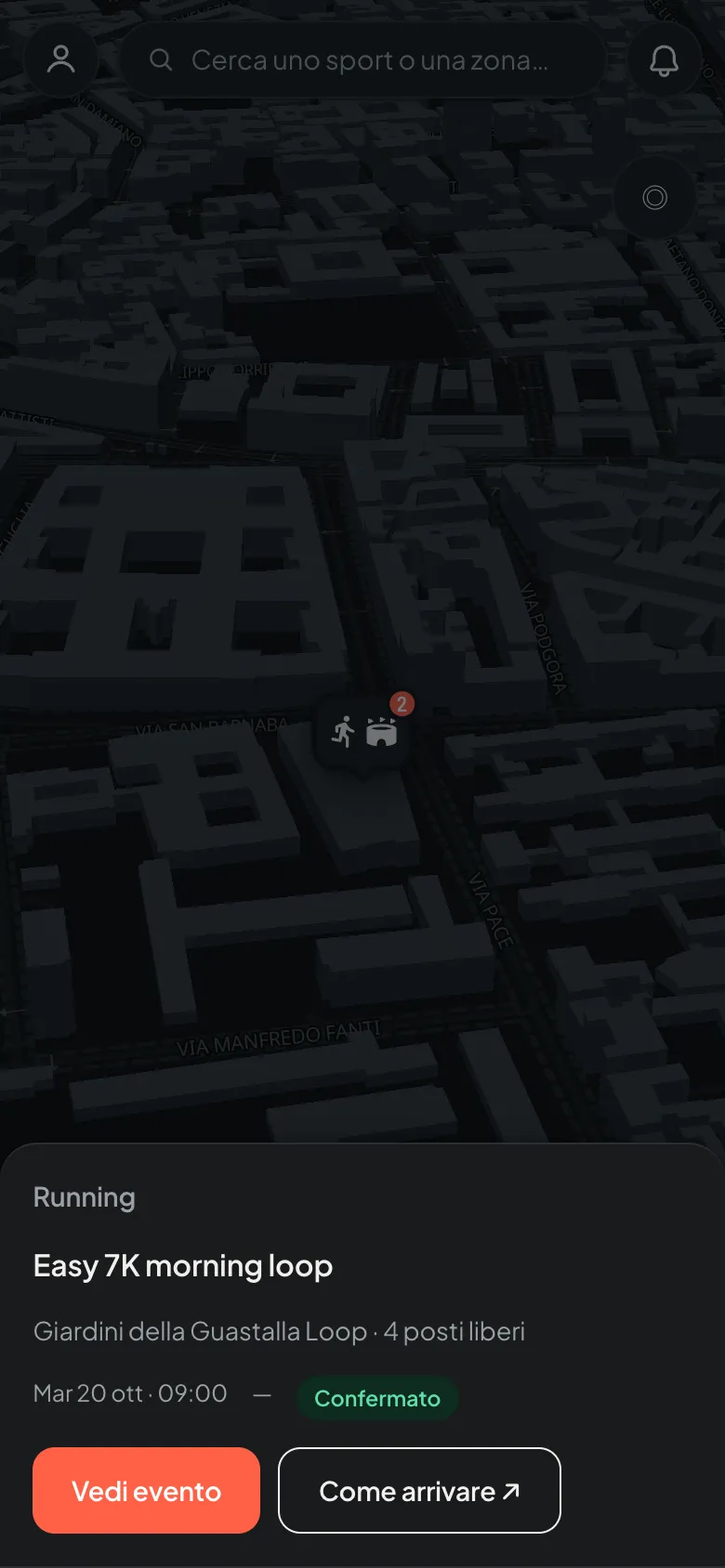 La mappa Scopri di TeamUP, tema scuro