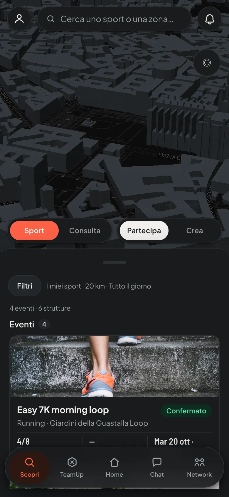 schermata mappa con edifici 3D, tema scuro