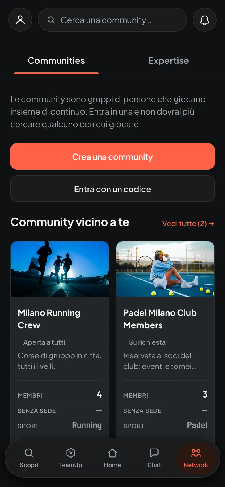 schermata rete e community, tema scuro