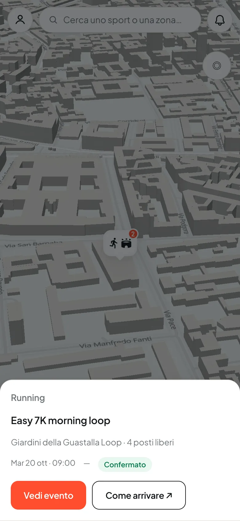 La mappa Scopri di TeamUP con l'evento Easy 7K morning loop selezionato